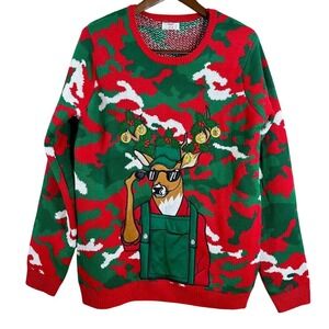 Holiday Time Men's Ugly Sweater Deer Camo Red‎ Green Crew Neck Pullover Size L